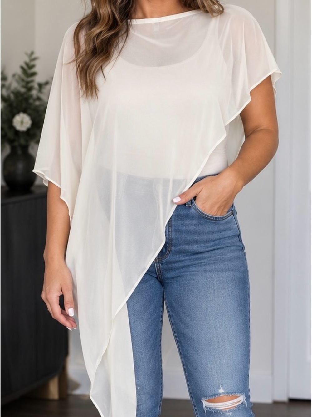 PrettyLittleThing Cream Chiffon Cape Top Size 8 Asymmetric Sheer Draped NWT